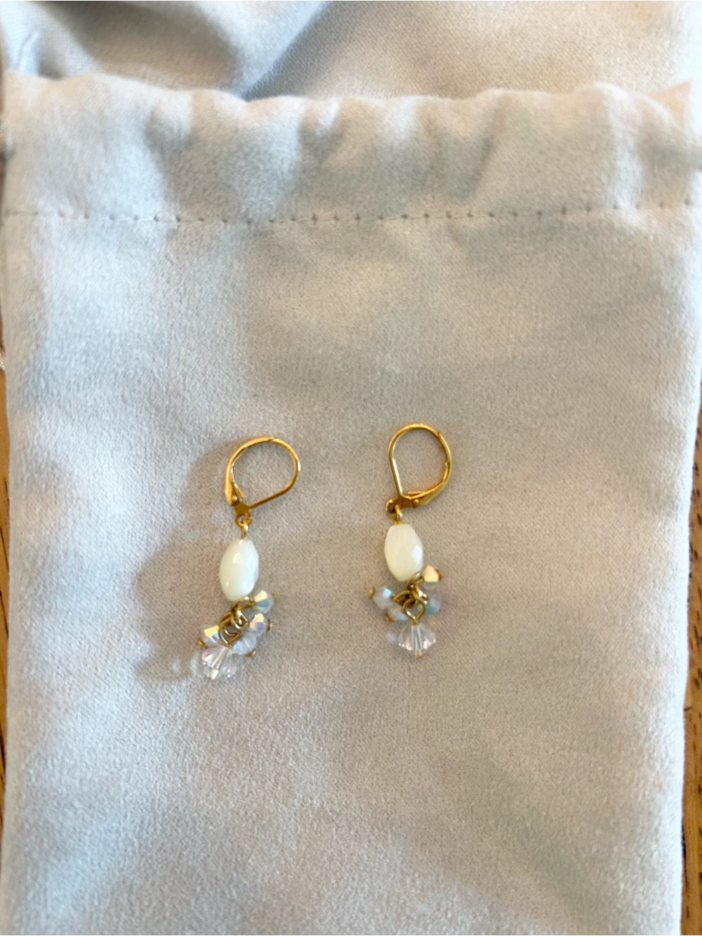 Gold Leverback Earrings with White and Crystal Beads